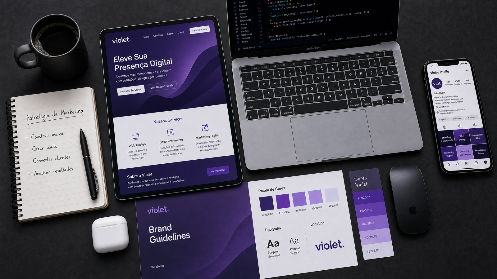 Workspace digital profissional com ferramentas de marketing