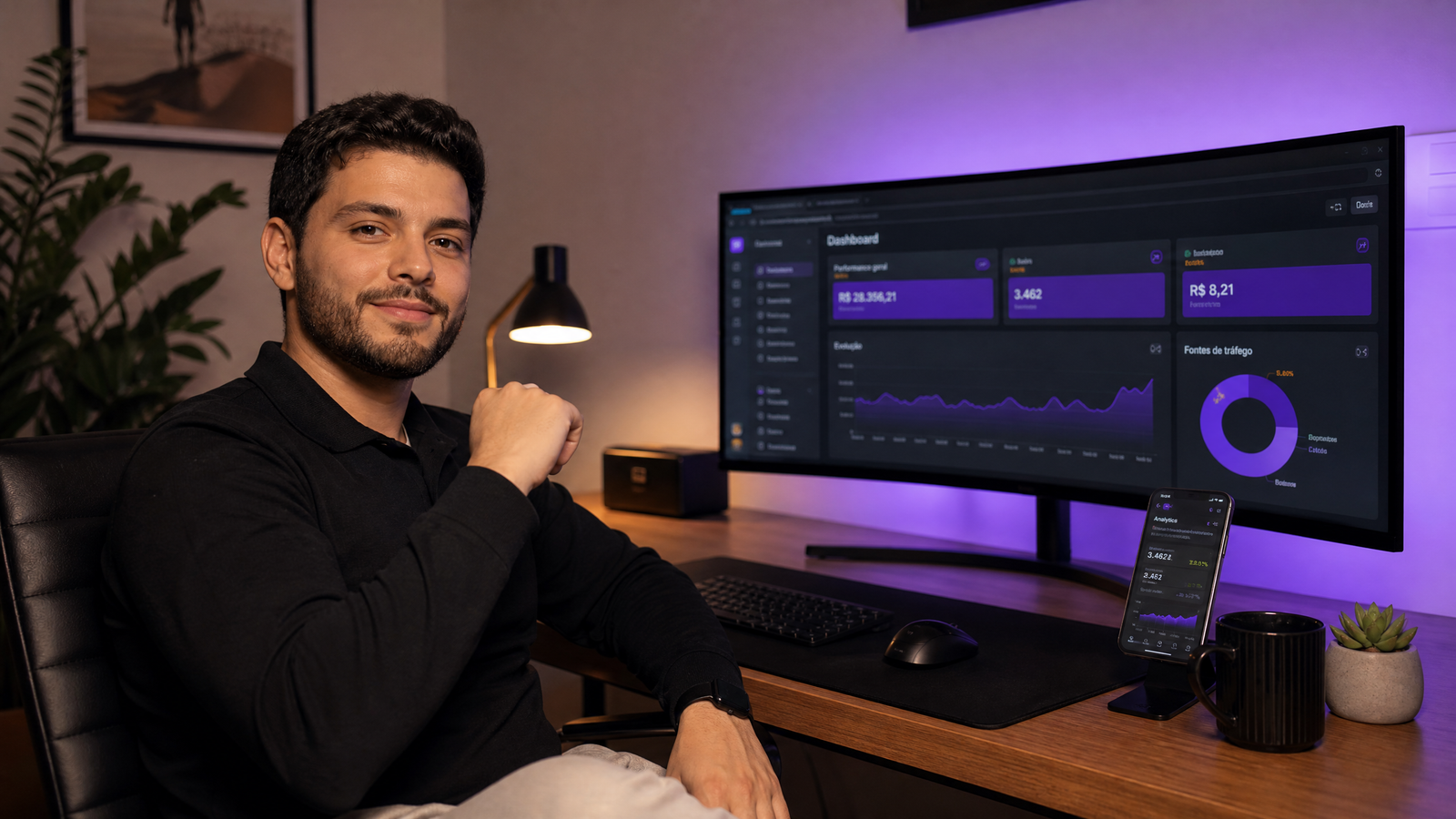 Empreendedor digital com dashboard profissional Hive